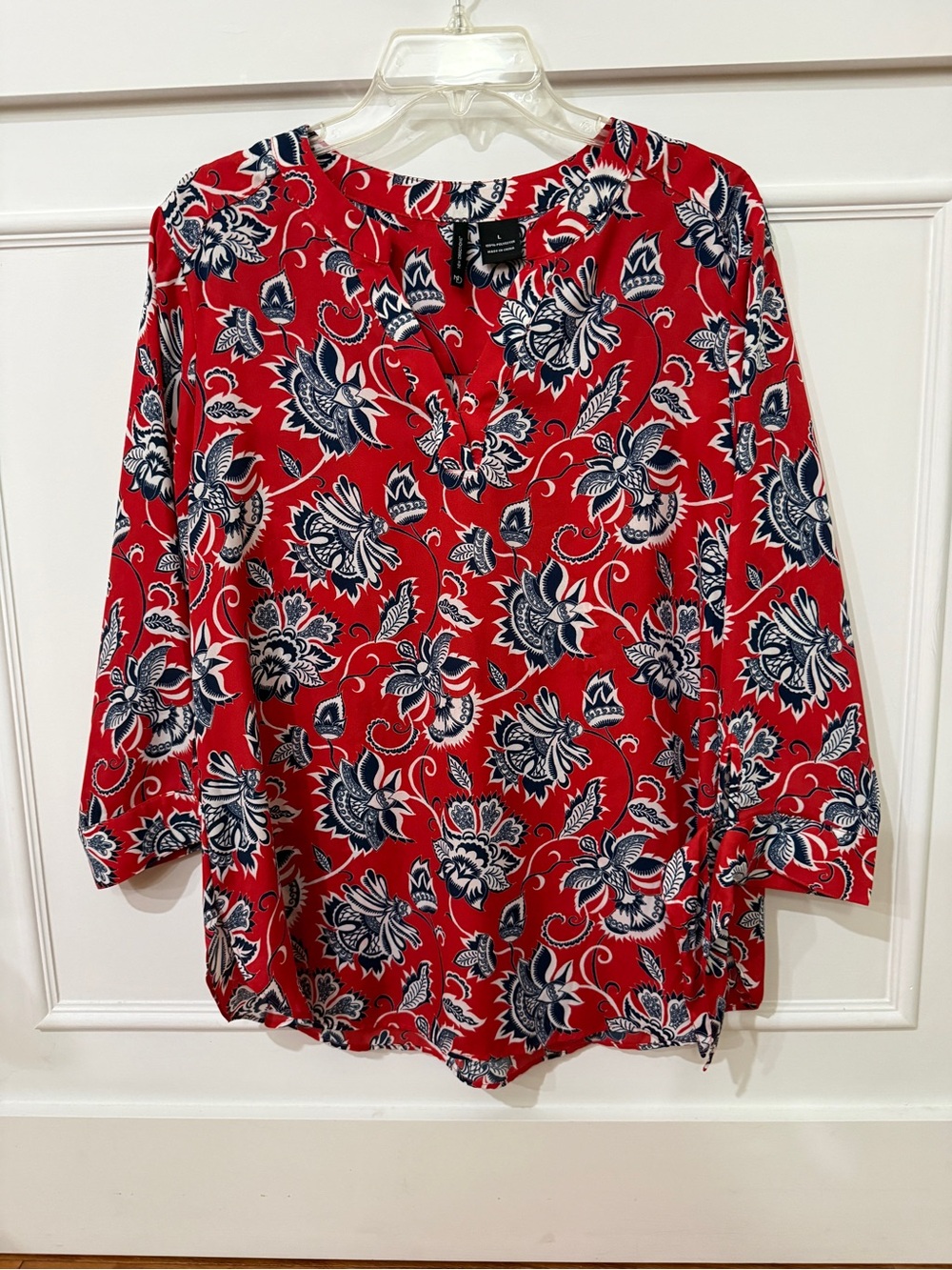 Talbots Red Floral V-Neck Tunic Blouse with Navy and White Print